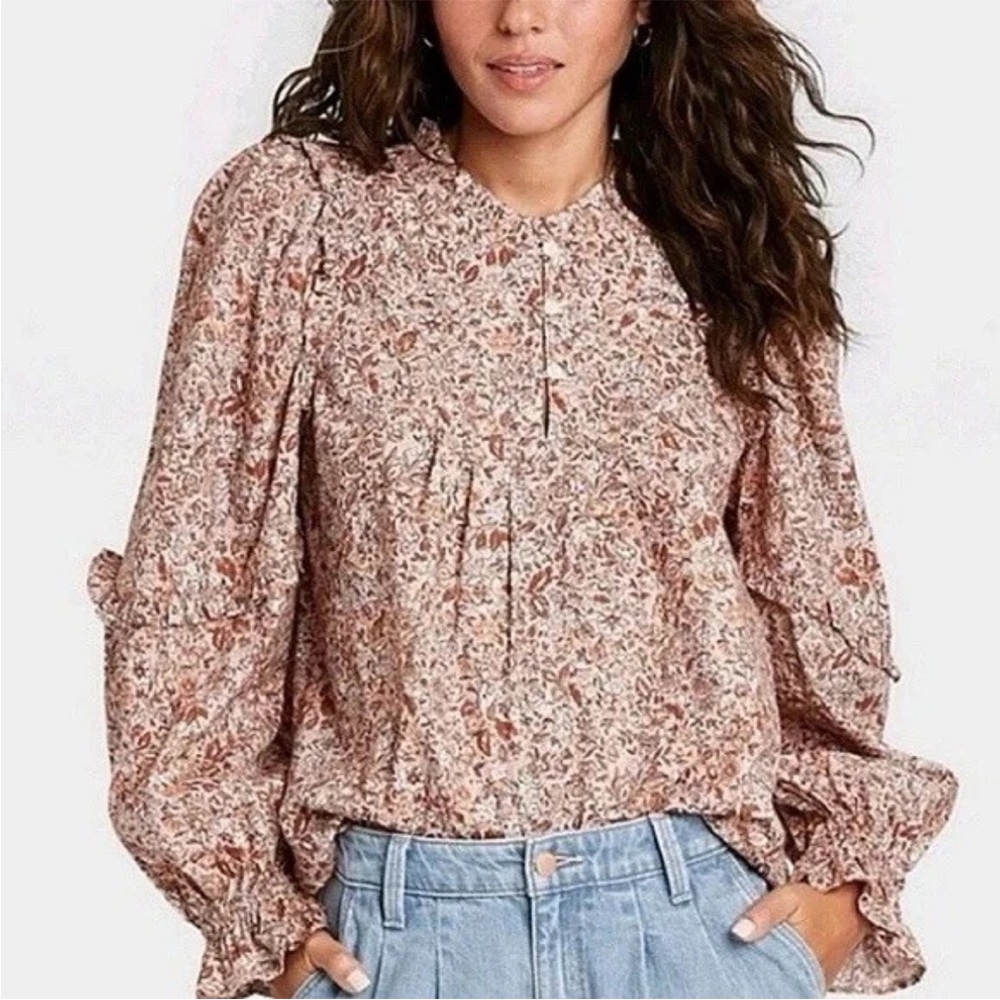 Universal Thread Mauve Multicolored Floral Ruffle Long Sleeve Blouse Medium